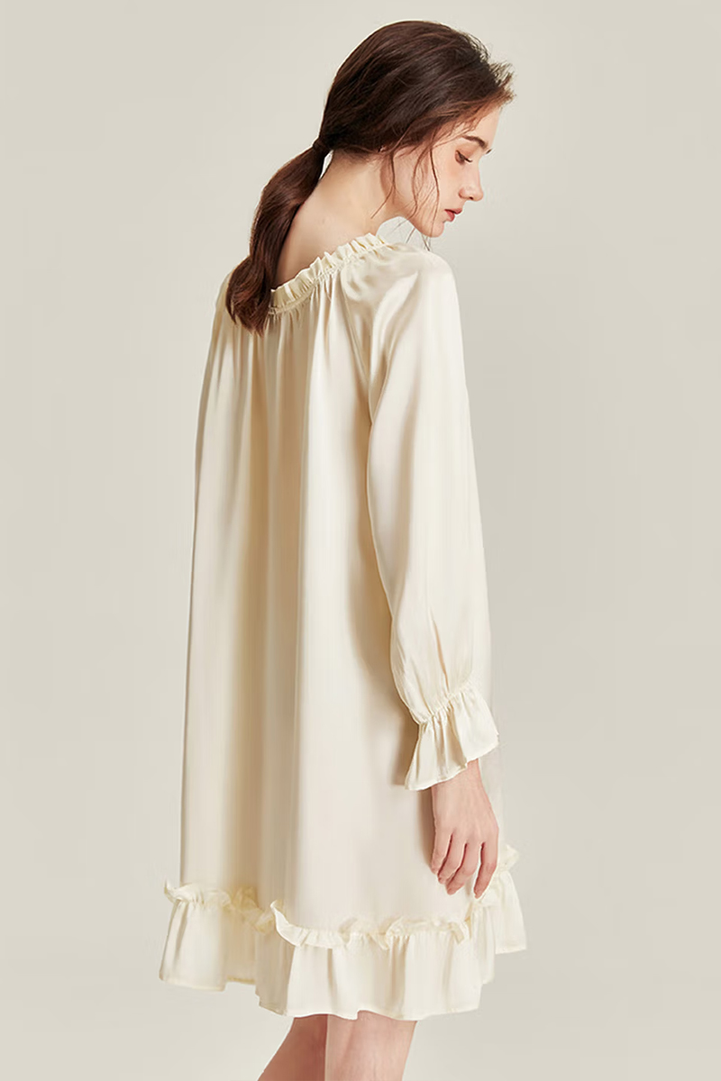 100% Mulberry Silk Long Sleeve Dress Lace Loose Nightgown