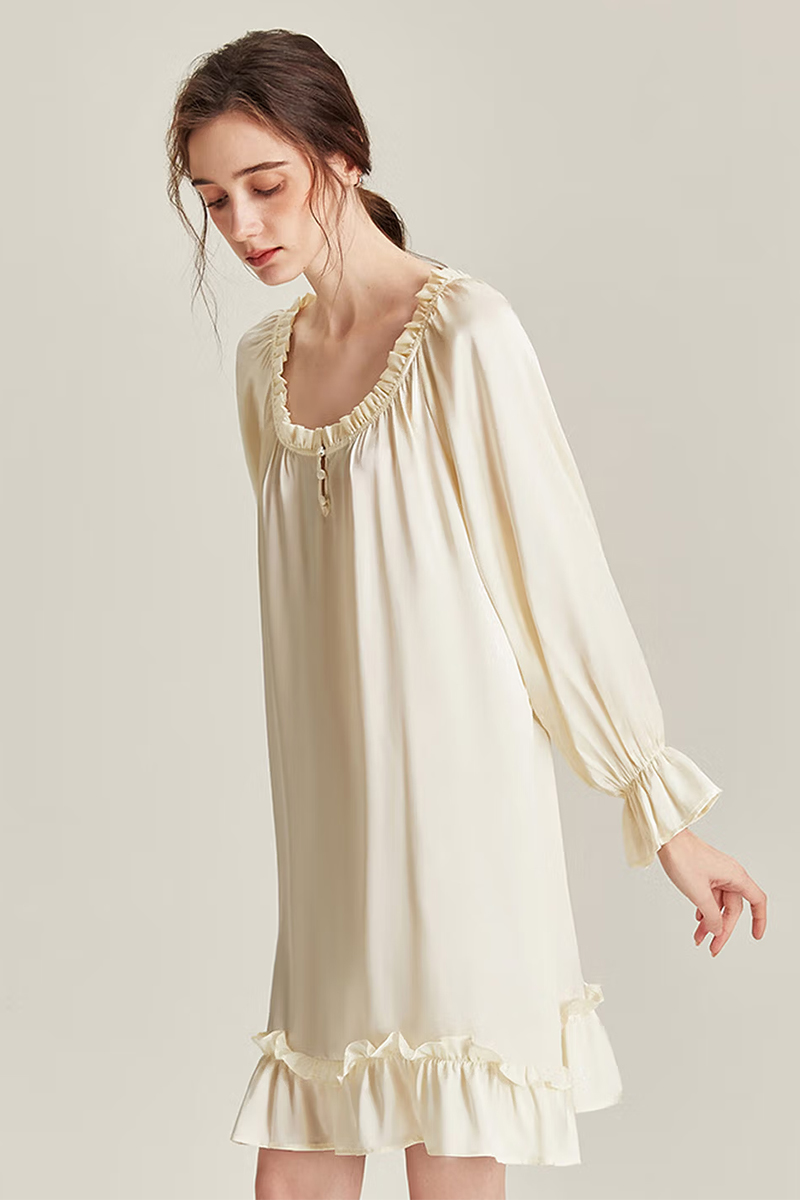 100% Mulberry Silk Long Sleeve Dress Lace Loose Nightgown