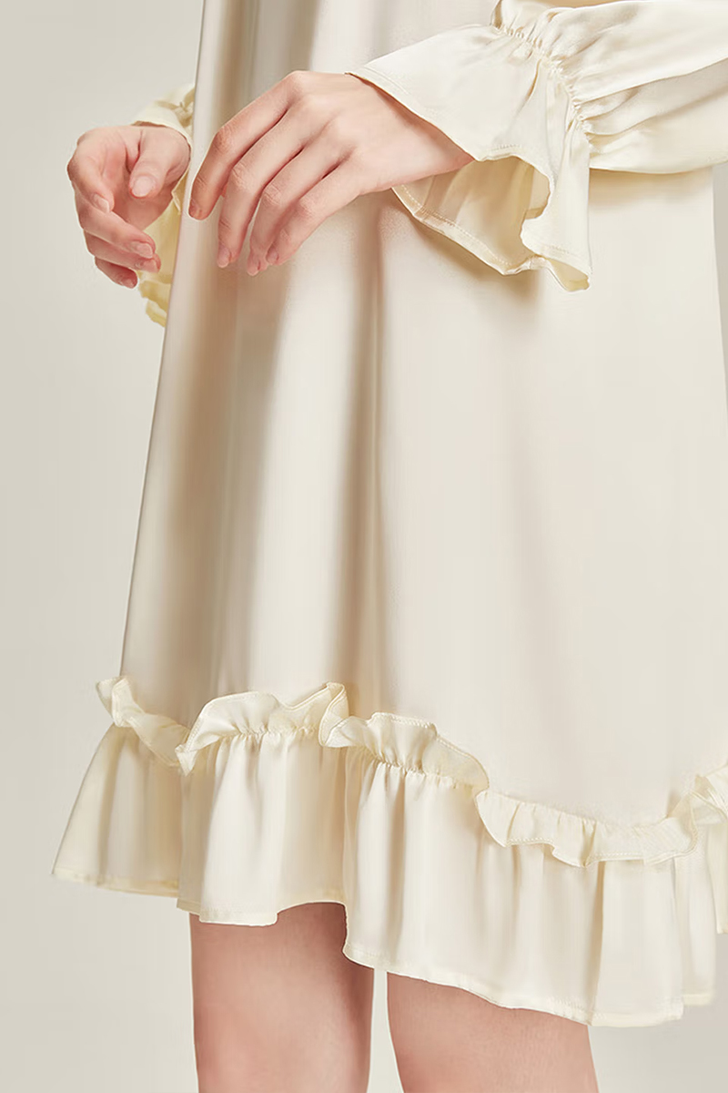 100% Mulberry Silk Long Sleeve Dress Lace Loose Nightgown