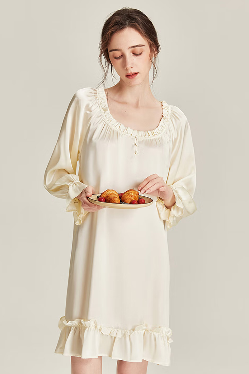 100% Mulberry Silk Long Sleeve Dress Lace Loose Nightgown