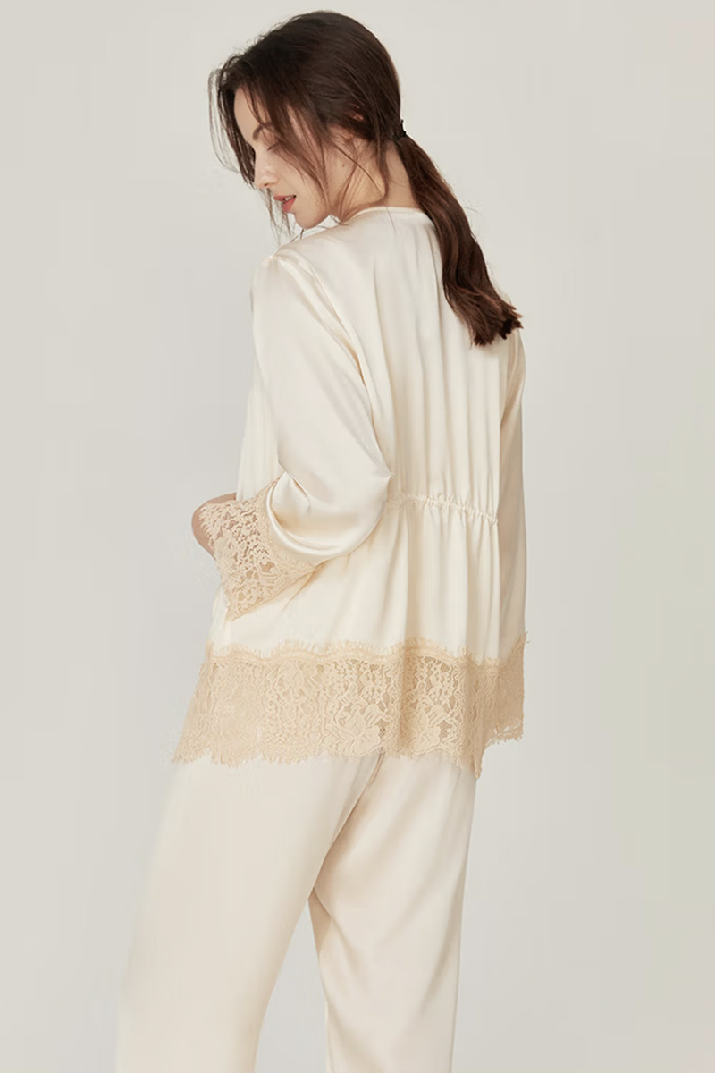 100% Mulberry Silk Vintage 3-Piece Loungewear Set with Lace Splicing