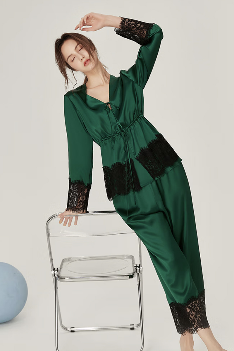 100% Mulberry Silk Vintage 3-Piece Loungewear Set with Lace Splicing