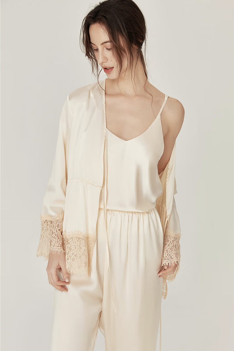 100% Mulberry Silk Vintage 3-Piece Loungewear Set with Lace Splicing