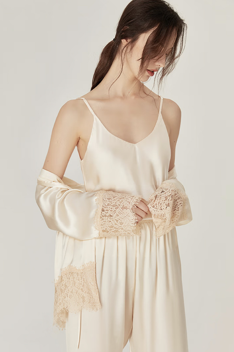100% Mulberry Silk Vintage 3-Piece Loungewear Set with Lace Splicing