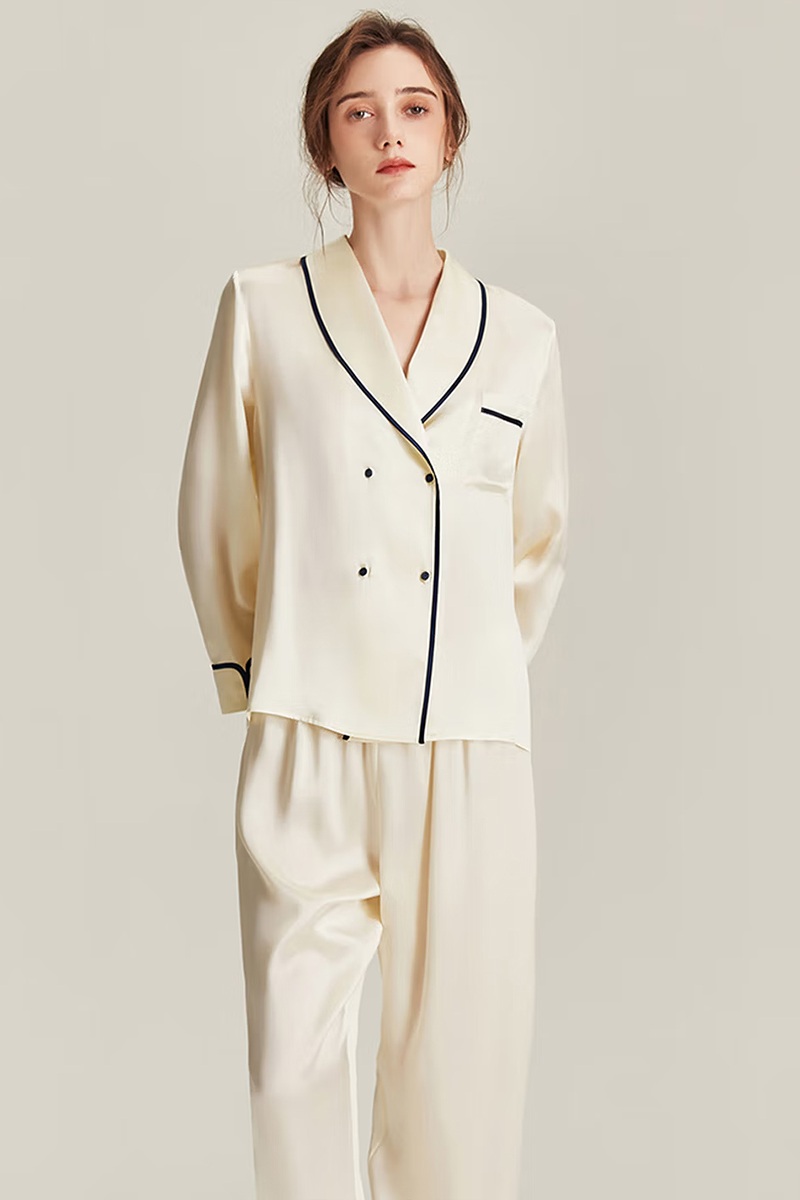 100% Mulberry Silk Vintage Minimalist Pajama Set Long Sleeve & Pants for Women