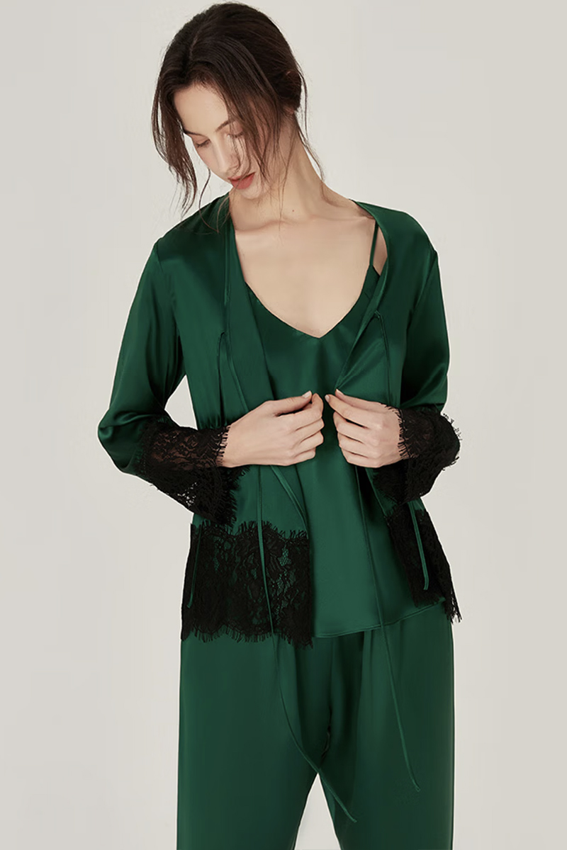 100% Mulberry Silk Vintage 3-Piece Loungewear Set with Lace Splicing