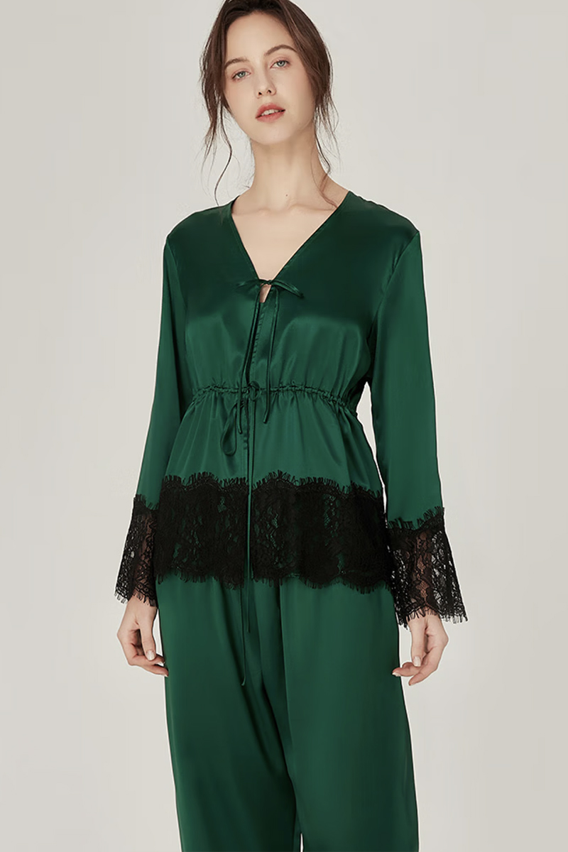100% Mulberry Silk Vintage 3-Piece Loungewear Set with Lace Splicing