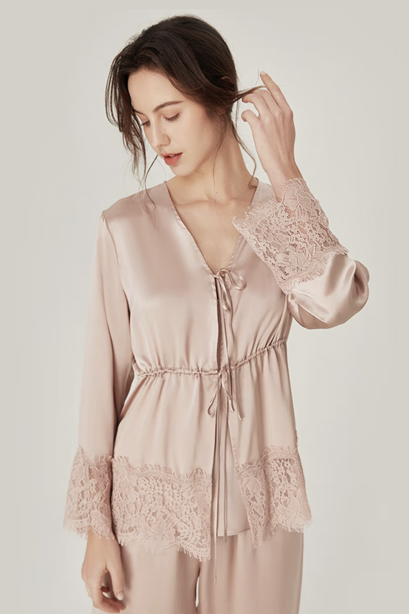 100% Mulberry Silk Vintage 3-Piece Loungewear Set with Lace Splicing