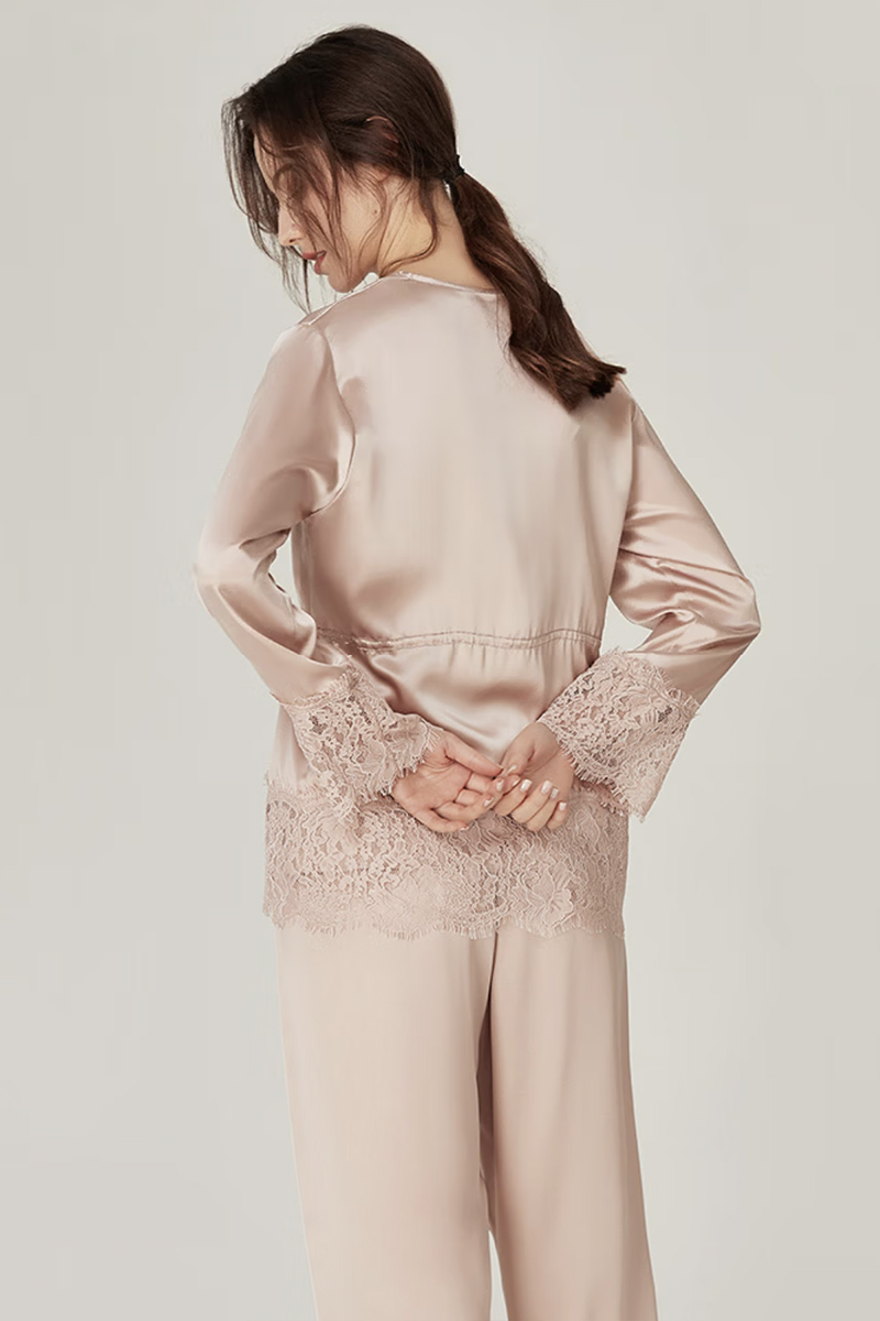 100% Mulberry Silk Vintage 3-Piece Loungewear Set with Lace Splicing