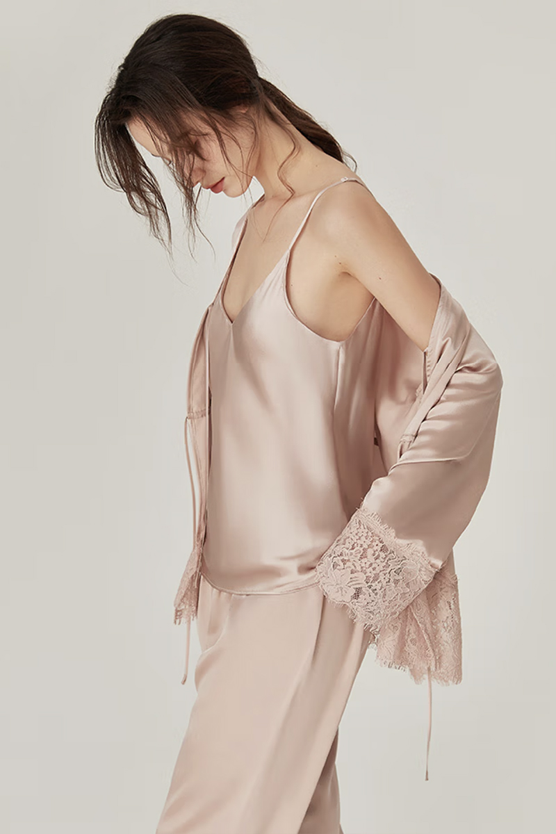 100% Mulberry Silk Vintage 3-Piece Loungewear Set with Lace Splicing