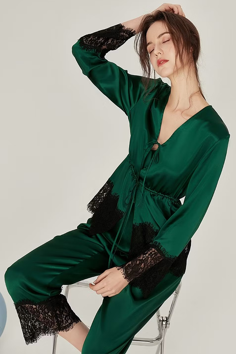 100% Mulberry Silk Vintage 3-Piece Loungewear Set with Lace Splicing