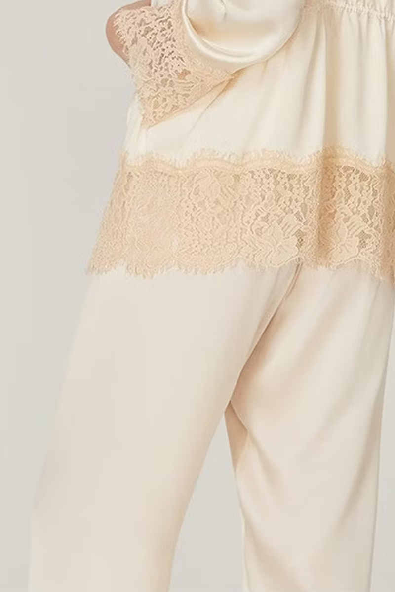 100% Mulberry Silk Vintage 3-Piece Loungewear Set with Lace Splicing