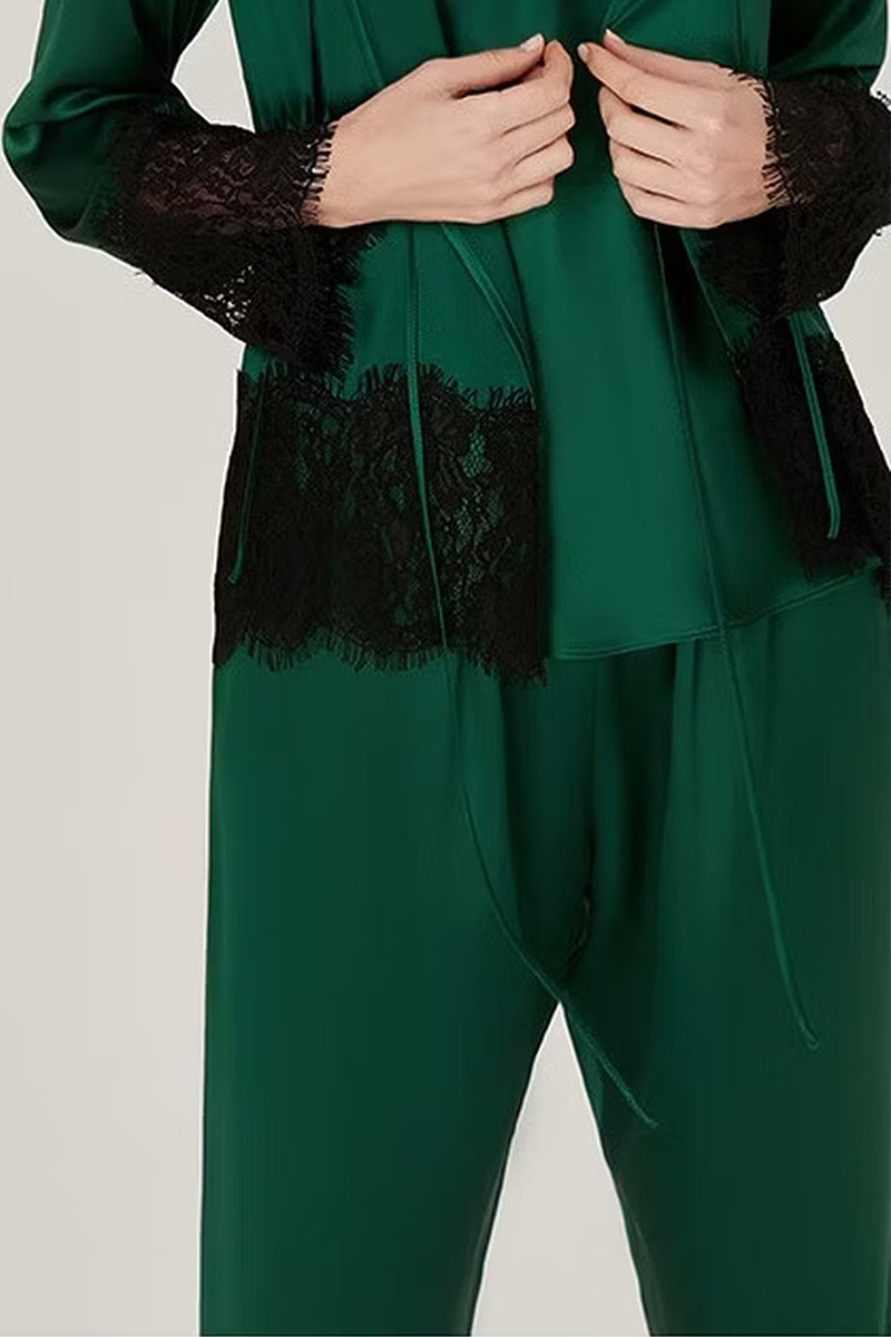 100% Mulberry Silk Vintage 3-Piece Loungewear Set with Lace Splicing