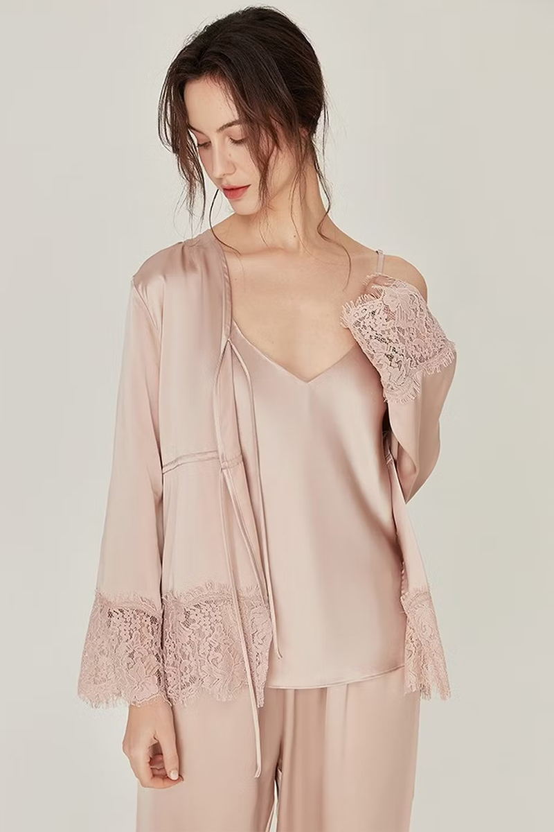 100% Mulberry Silk Vintage 3-Piece Loungewear Set with Lace Splicing