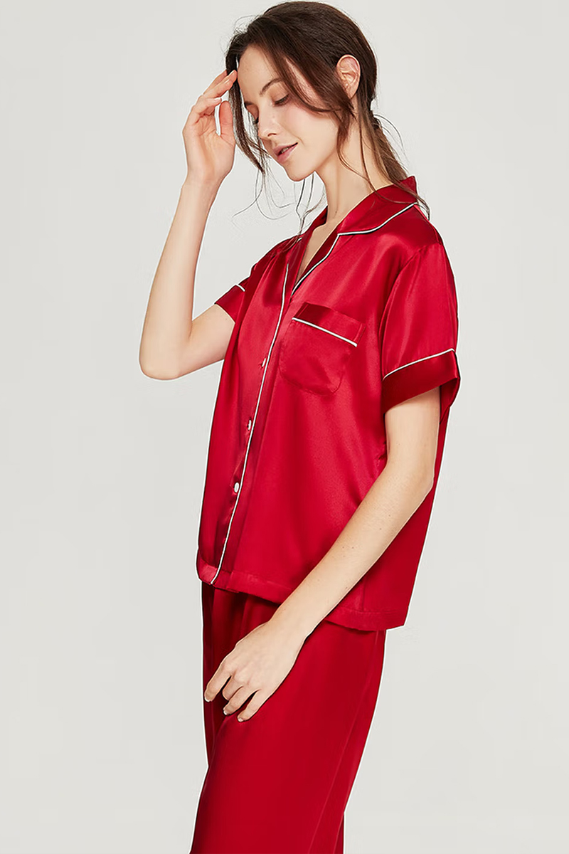 100% Mulberry Silk 2-Piece Set Women Short Sleeve & Long Pants Pajama Set