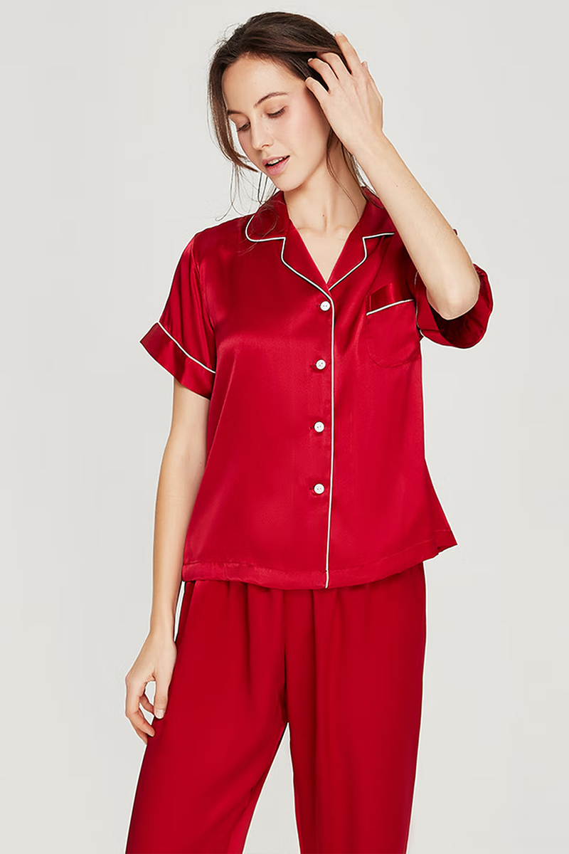100% Mulberry Silk 2-Piece Set Women Short Sleeve & Long Pants Pajama Set