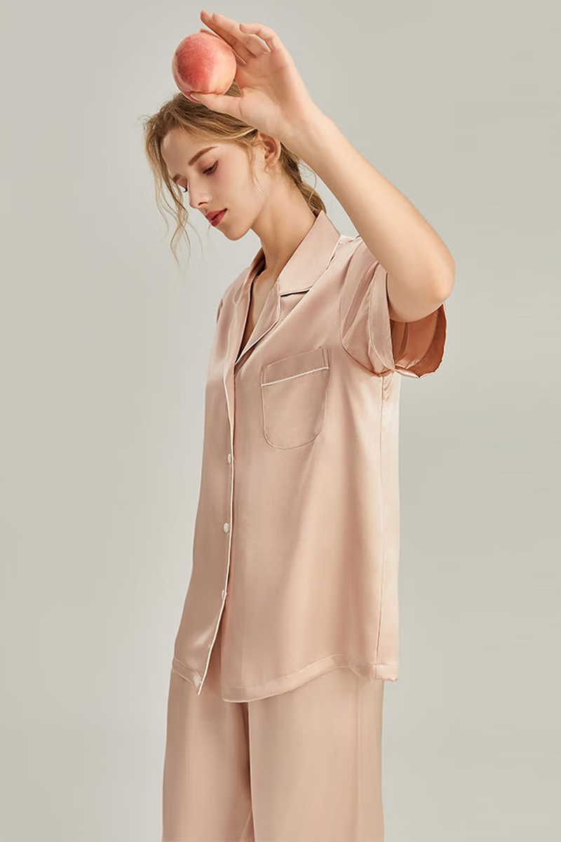 100% Mulberry Silk 2-Piece Set Women Short Sleeve & Long Pants Pajama Set