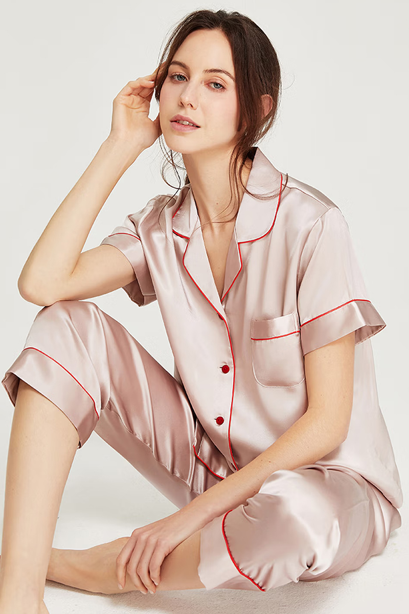 100% Mulberry Silk 2-Piece Set Women Short Sleeve & Long Pants Pajama Set