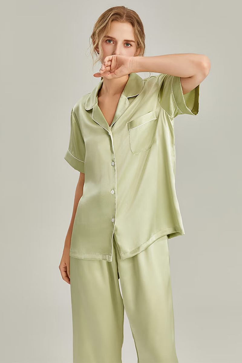 100% Mulberry Silk 2-Piece Set Women Short Sleeve & Long Pants Pajama Set