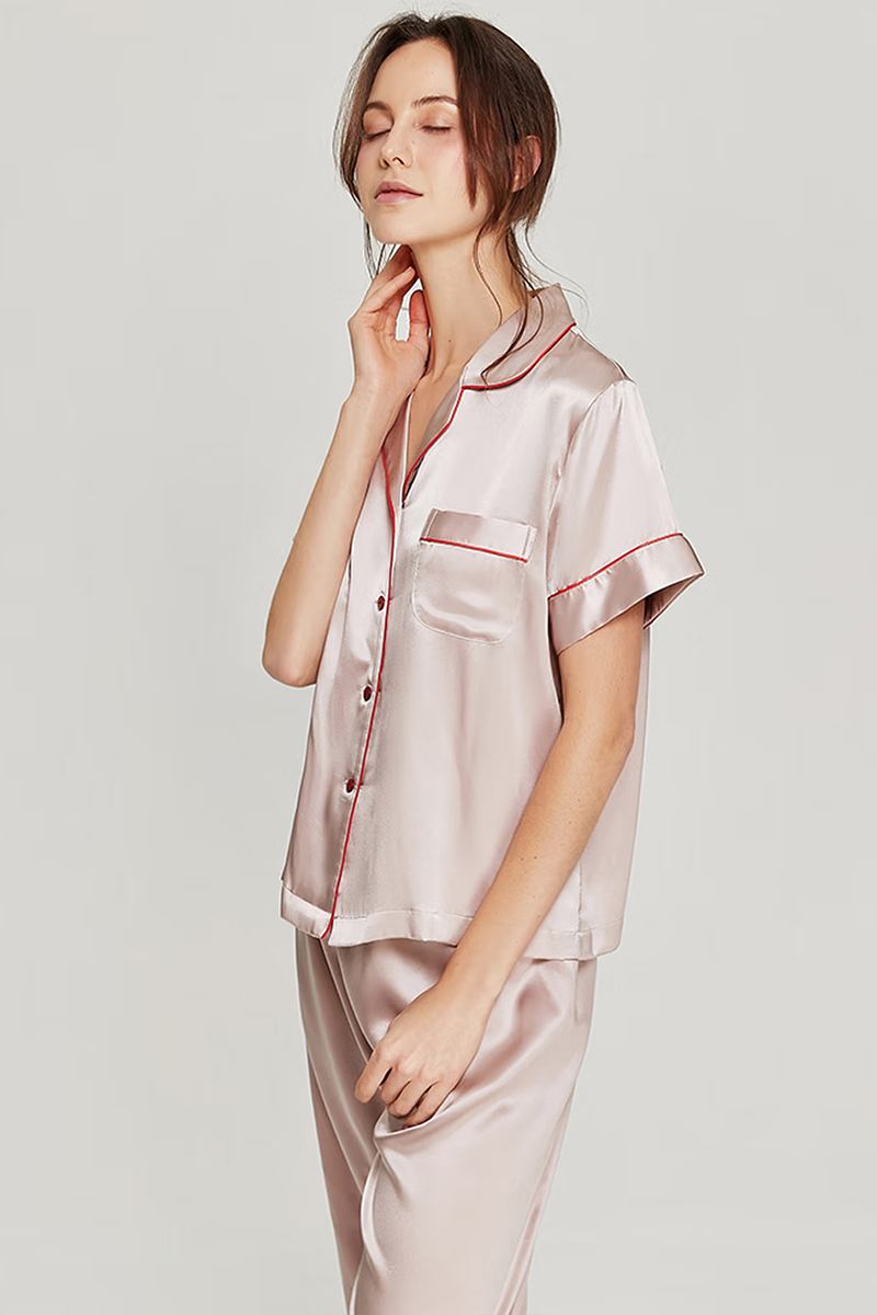 100% Mulberry Silk 2-Piece Set Women Short Sleeve & Long Pants Pajama Set