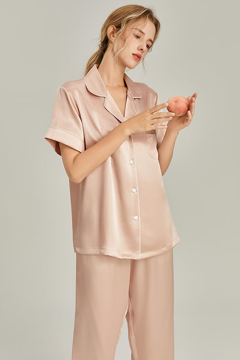 100% Mulberry Silk 2-Piece Set Women Short Sleeve & Long Pants Pajama Set