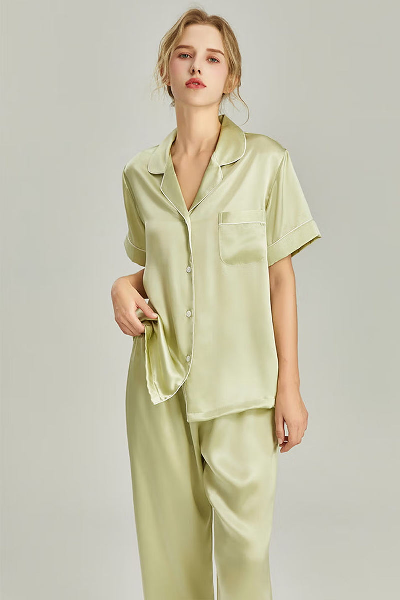 100% Mulberry Silk 2-Piece Set Women Short Sleeve & Long Pants Pajama Set
