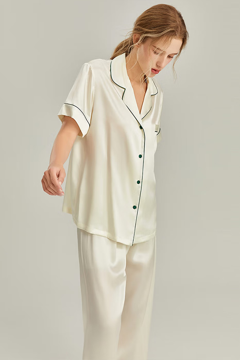 100% Mulberry Silk 2-Piece Set Women Short Sleeve & Long Pants Pajama Set