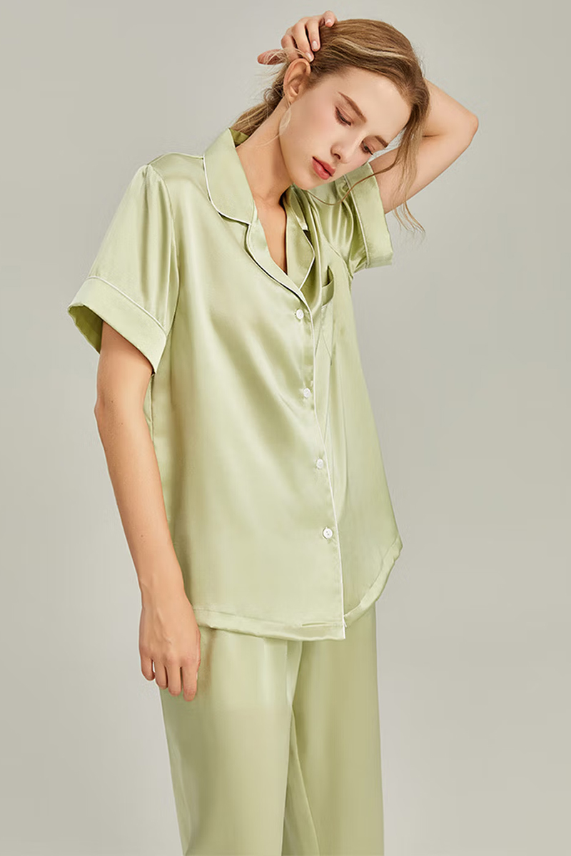 100% Mulberry Silk 2-Piece Set Women Short Sleeve & Long Pants Pajama Set