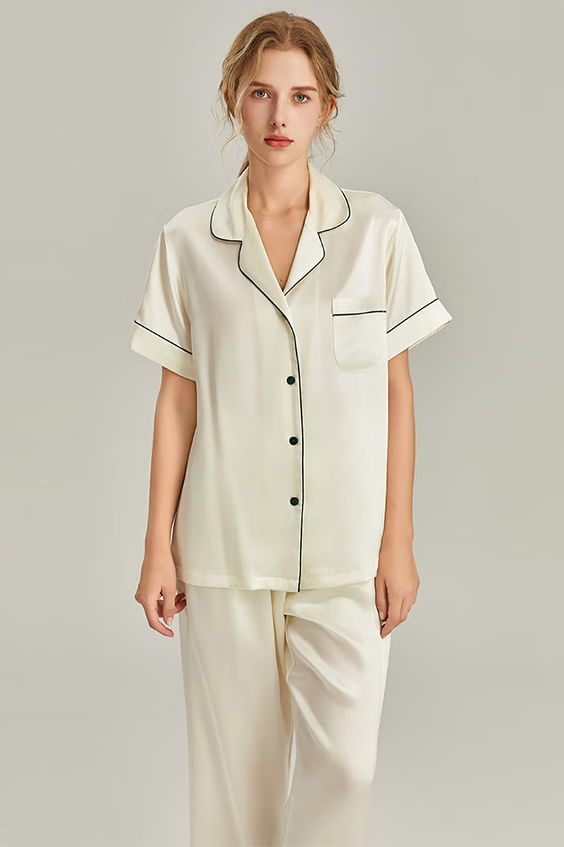 100% Mulberry Silk 2-Piece Set Women Short Sleeve & Long Pants Pajama Set