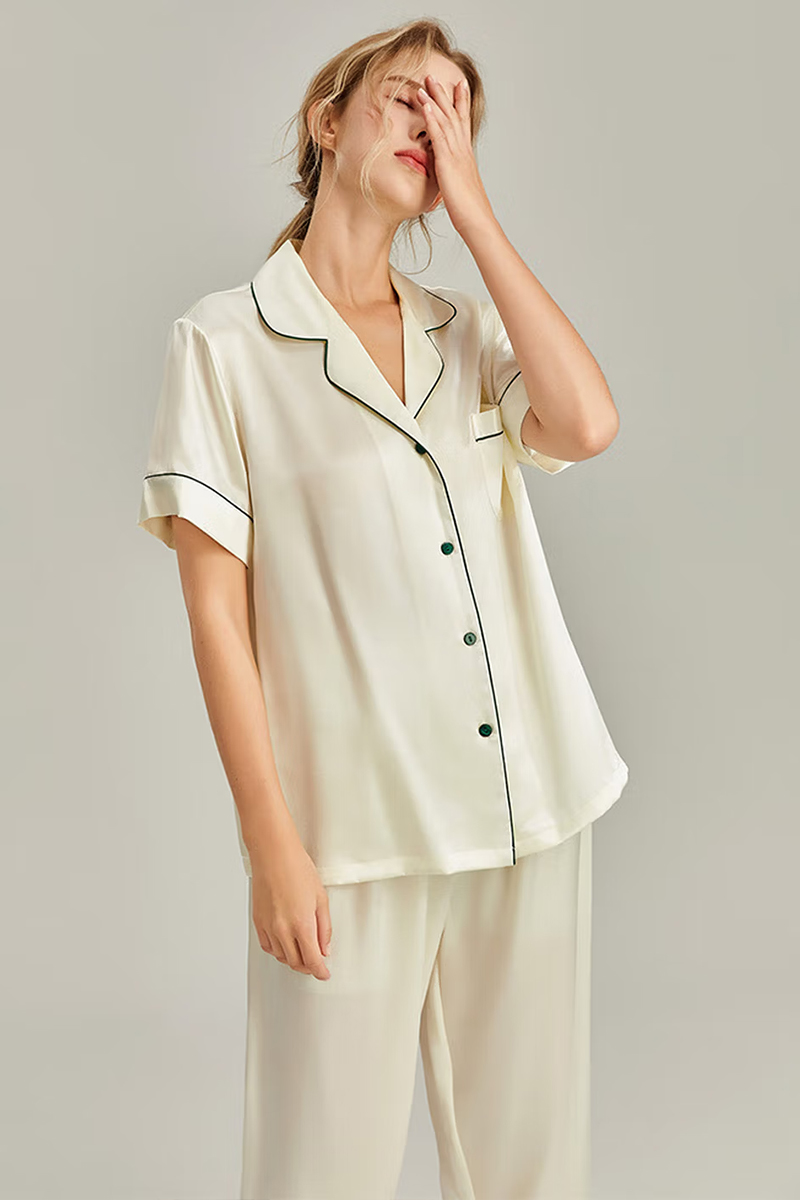 100% Mulberry Silk 2-Piece Set Women Short Sleeve & Long Pants Pajama Set