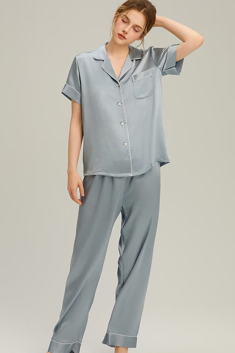 100% Mulberry Silk 2-Piece Set Women Short Sleeve & Long Pants Pajama Set