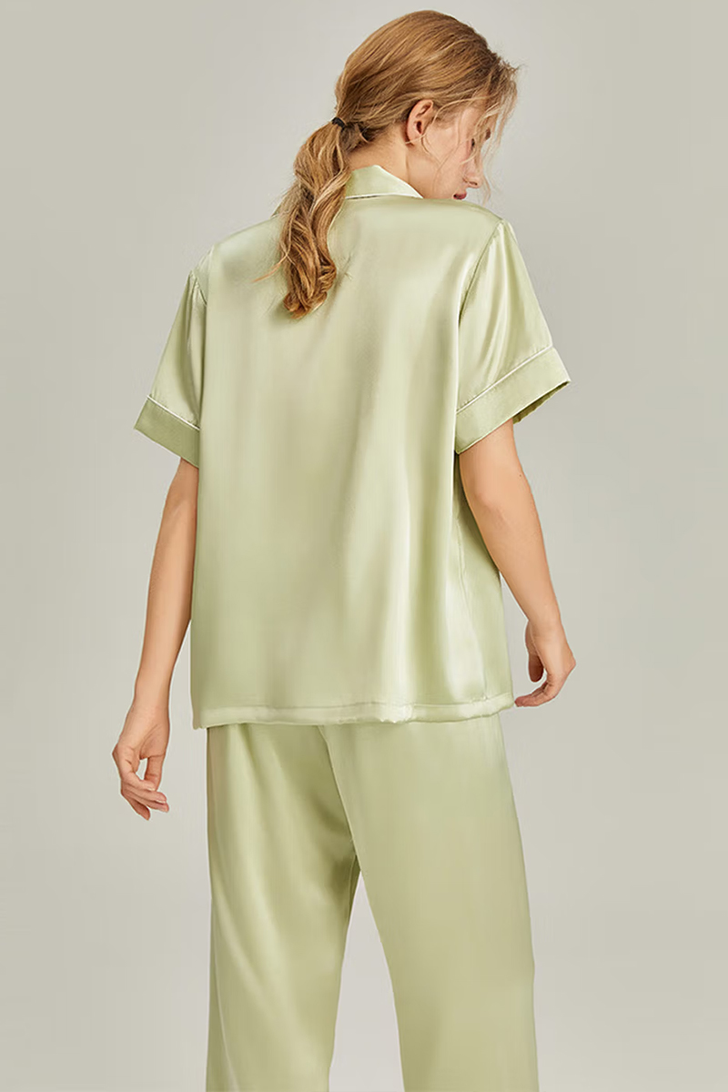 100% Mulberry Silk 2-Piece Set Women Short Sleeve & Long Pants Pajama Set