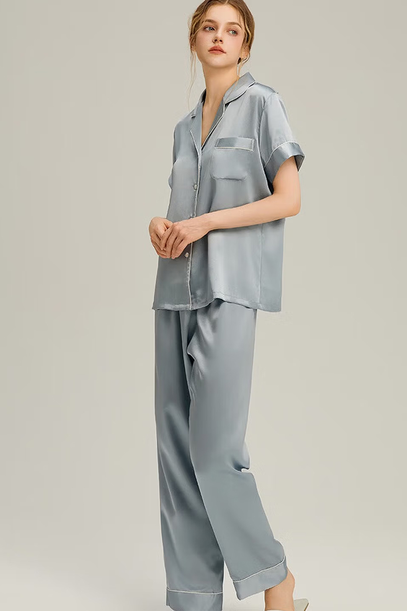 100% Mulberry Silk 2-Piece Set Women Short Sleeve & Long Pants Pajama Set