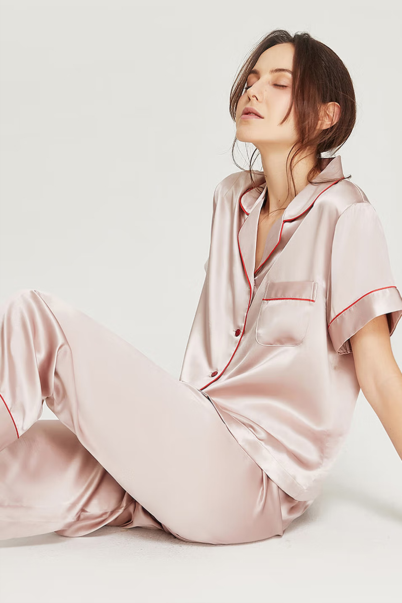 100% Mulberry Silk 2-Piece Set Women Short Sleeve & Long Pants Pajama Set