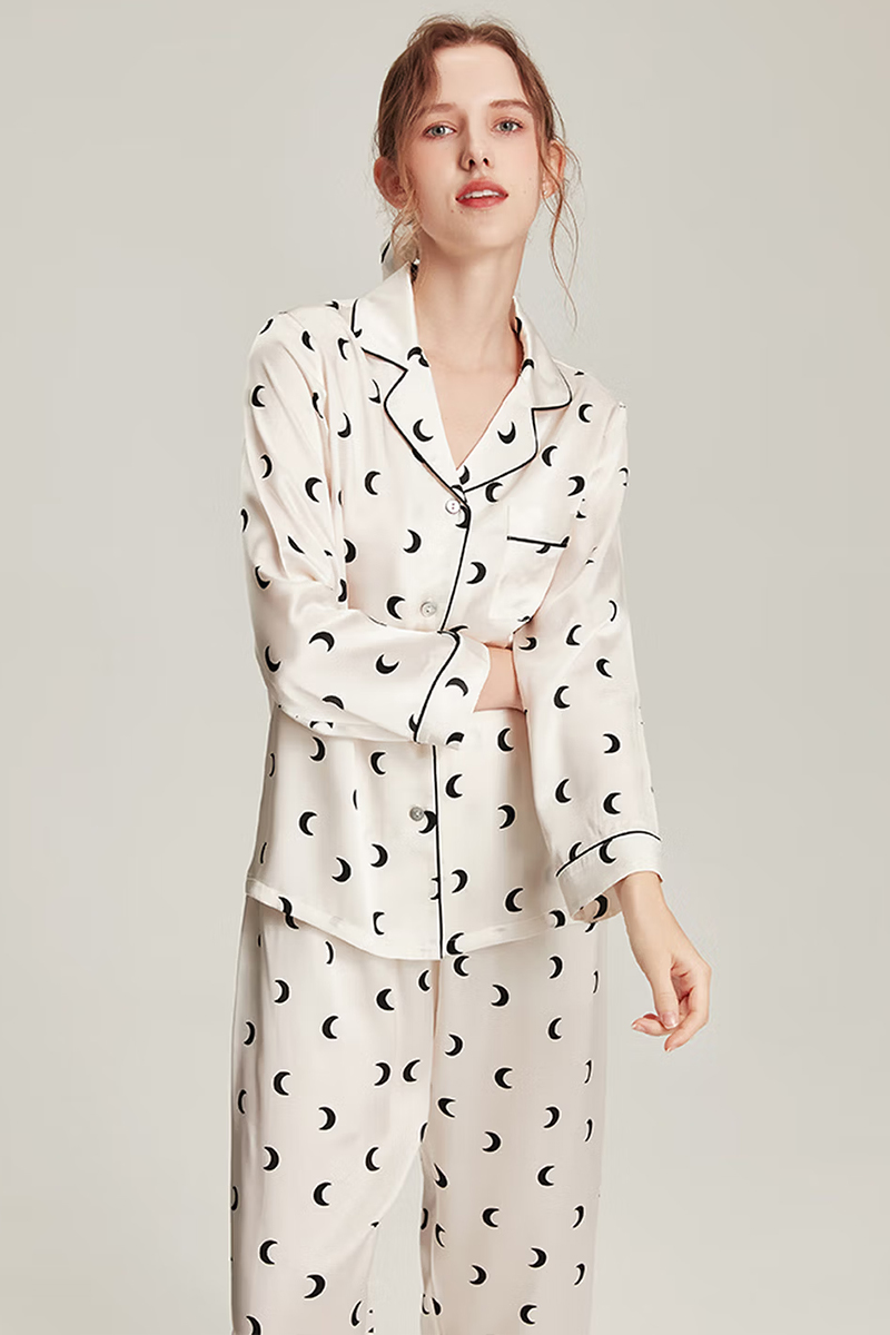 100% Mulberry Silk Loungewear Crescent Pattern Pajama