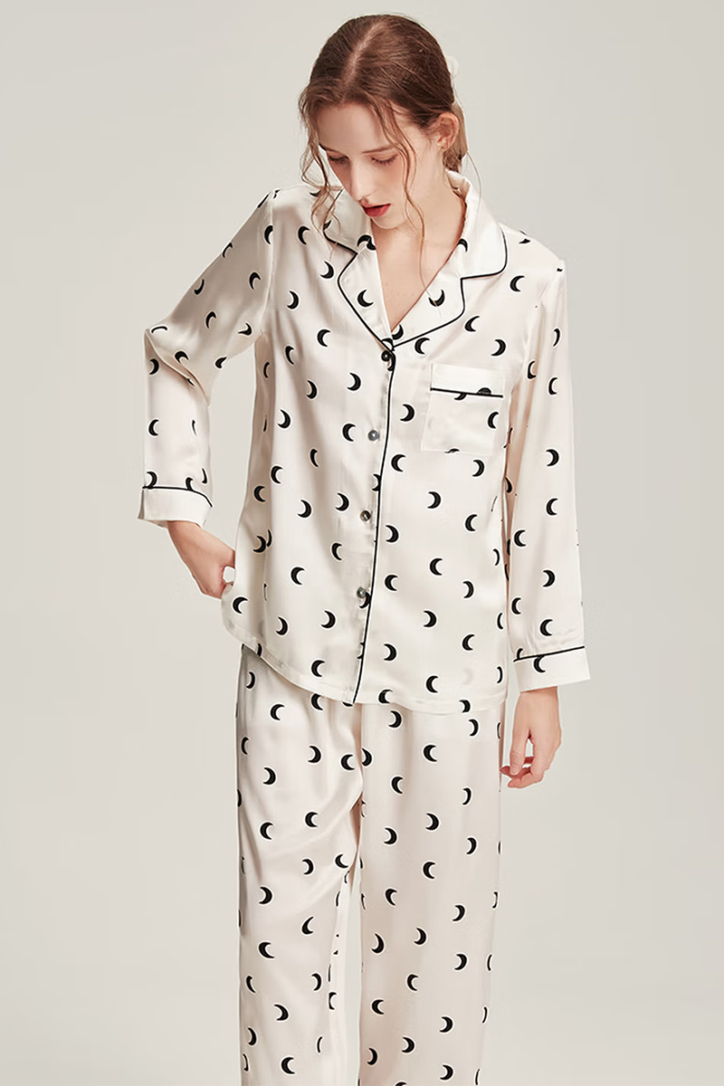 100% Mulberry Silk Loungewear Crescent Pattern Pajama