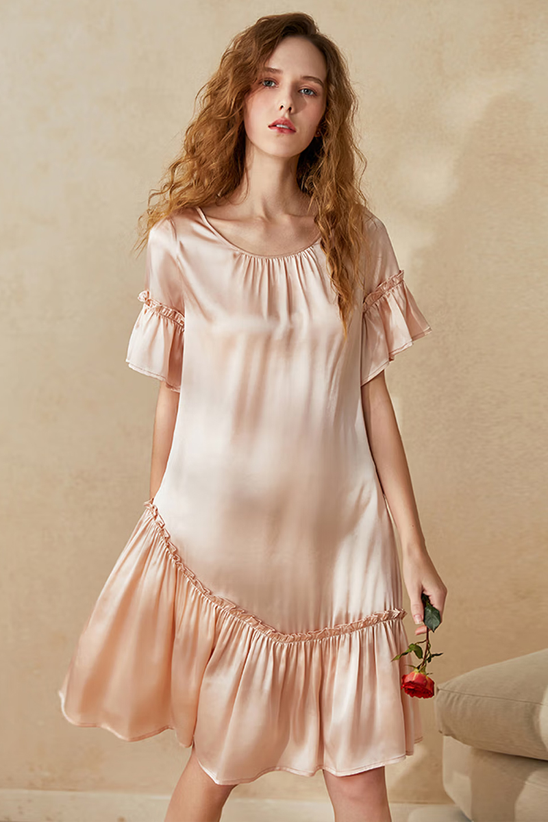 19 Momme Heavy Mulberry Silk Slip Dress Short Sleeve Nightgown