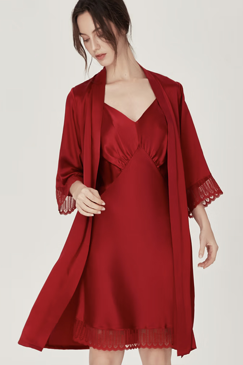 100% Mulberry Silk 2-Piece Set Long Sleeve Lace Trim Cami Nightgown & Robe Set