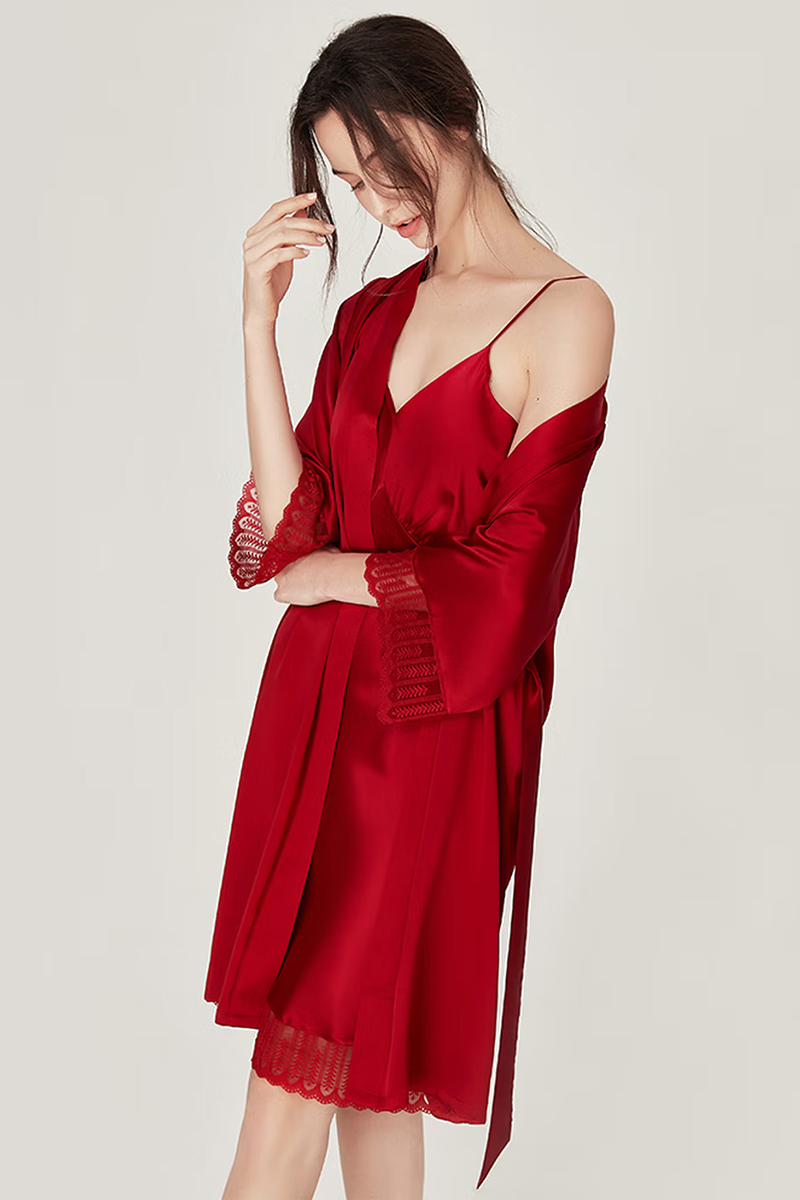 100% Mulberry Silk 2-Piece Set Long Sleeve Lace Trim Cami Nightgown & Robe Set