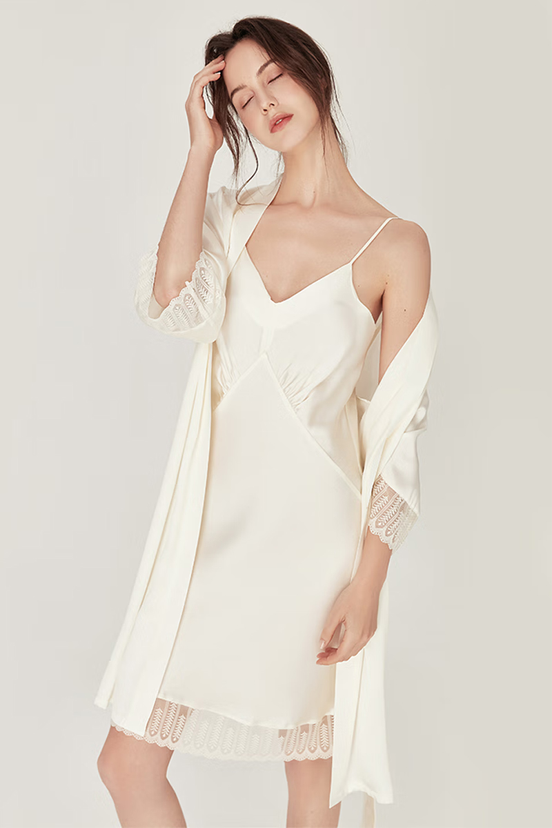 100% Mulberry Silk 2-Piece Set Long Sleeve Lace Trim Cami Nightgown & Robe Set