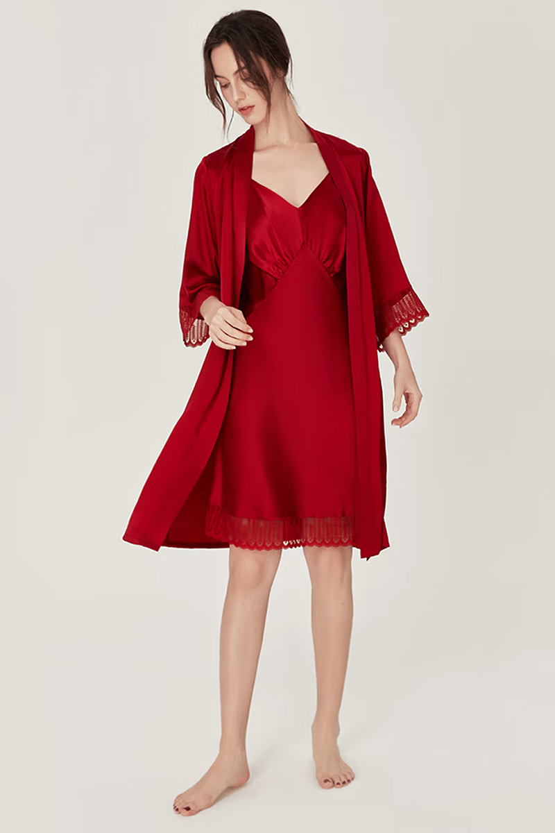 100% Mulberry Silk 2-Piece Set Long Sleeve Lace Trim Cami Nightgown & Robe Set