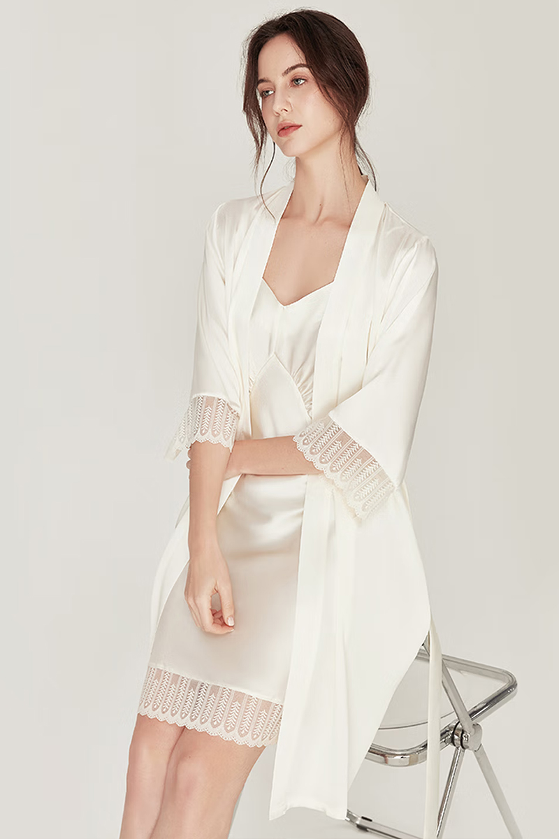 100% Mulberry Silk 2-Piece Set Long Sleeve Lace Trim Cami Nightgown & Robe Set
