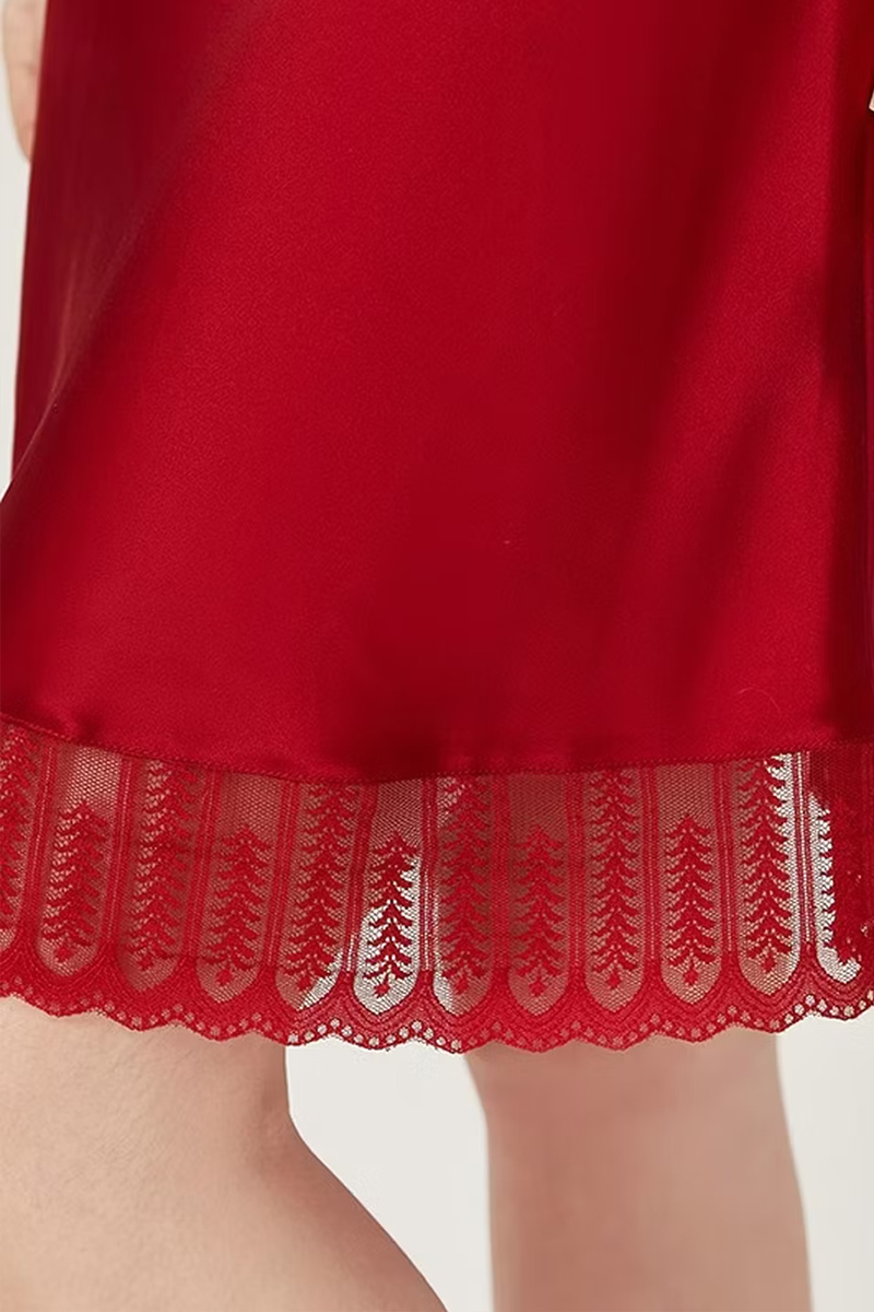 100% Mulberry Silk 2-Piece Set Long Sleeve Lace Trim Cami Nightgown & Robe Set