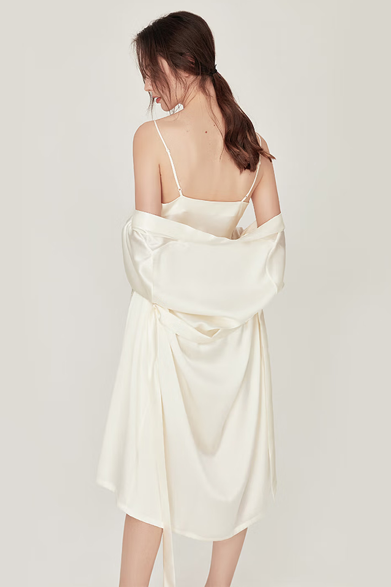 100% Mulberry Silk 2-Piece Set Long Sleeve Lace Trim Cami Nightgown & Robe Set