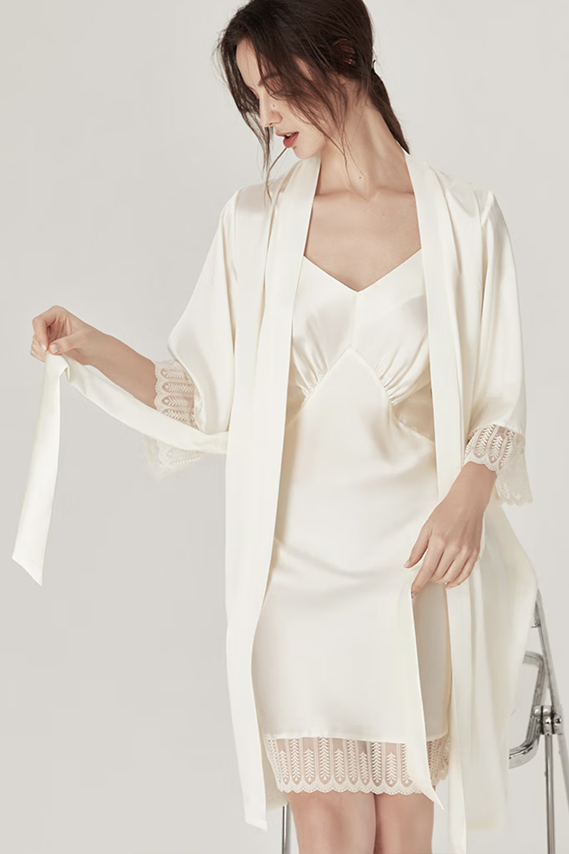 100% Mulberry Silk 2-Piece Set Long Sleeve Lace Trim Cami Nightgown & Robe Set