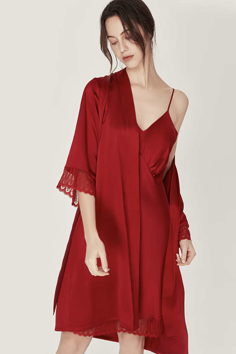 100% Mulberry Silk 2-Piece Set Long Sleeve Lace Trim Cami Nightgown & Robe Set