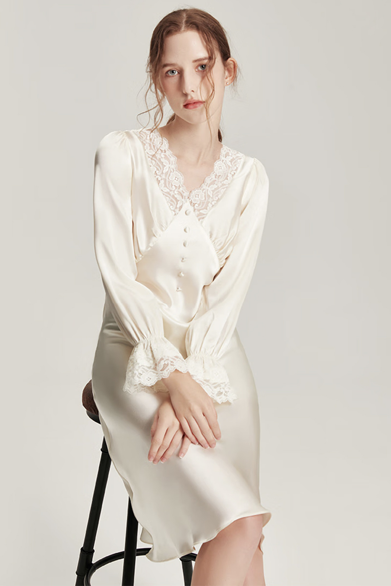 19 Momme Heavy Mulberry Silk White Nightgown with Lace Dress