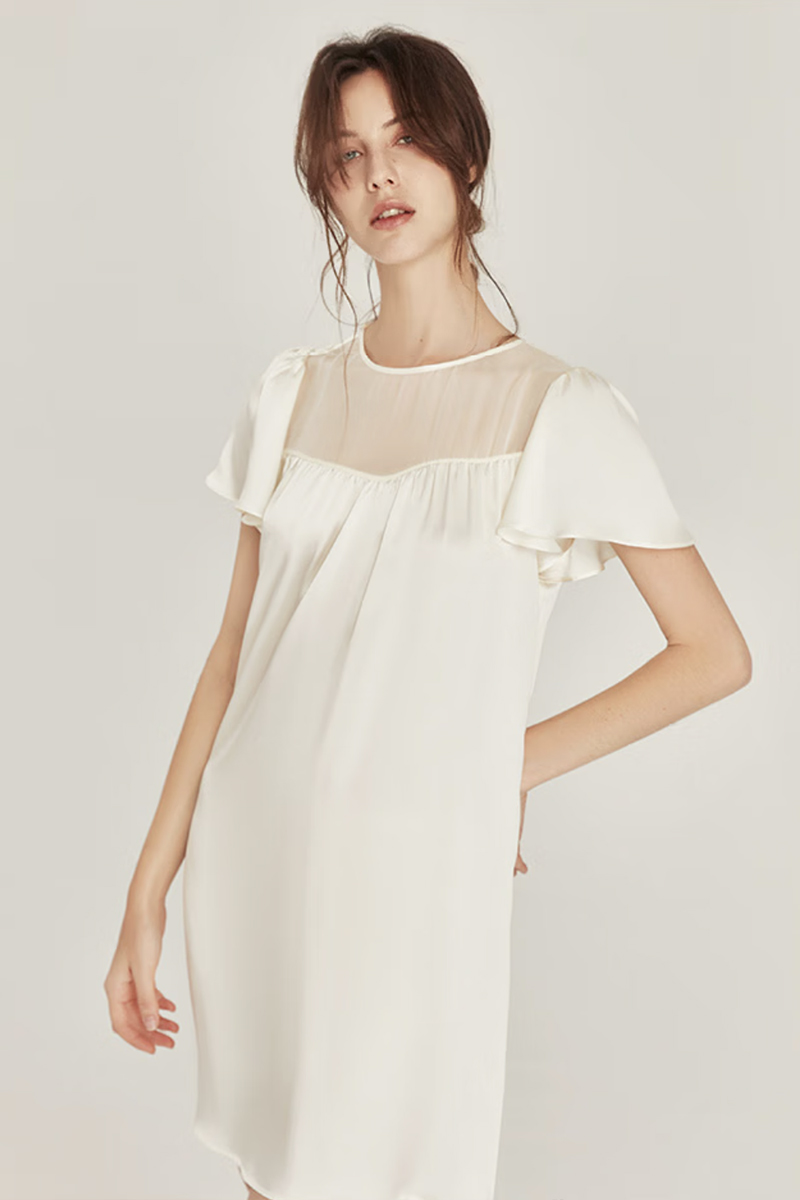 100% Mulberry Silk Loose Short Sleeve Nightgown Wearable Outside Dress