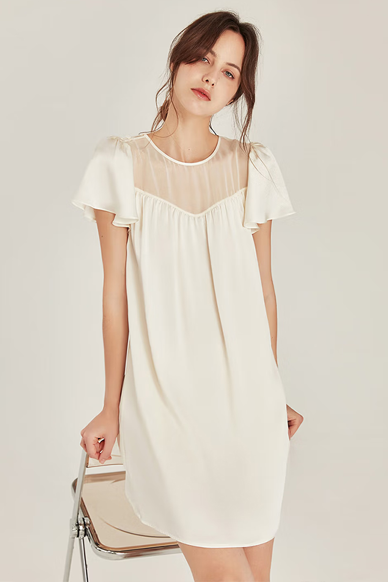 100% Mulberry Silk Loose Short Sleeve Nightgown Wearable Outside Dress