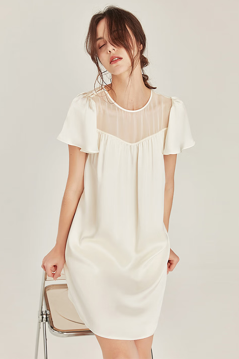 100% Mulberry Silk Loose Short Sleeve Nightgown Wearable Outside Dress
